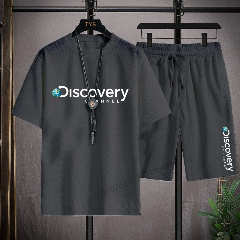 Discovery Channel cotton men's shorts set oversized letter print 2kT-shirt shorts summer new women's 2-piece luxury sports suit