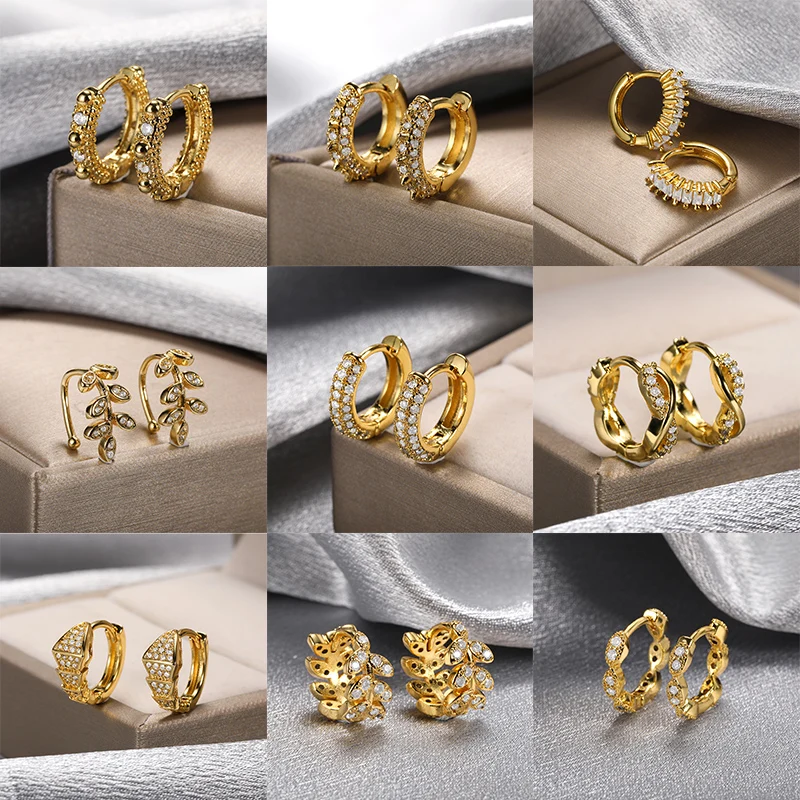 

Zircon Round Hoop Earrings For Women Bohemian Crystal Leaves Ear Clip Earrings Party Wedding Jewelry Gifts Bijoux Femme