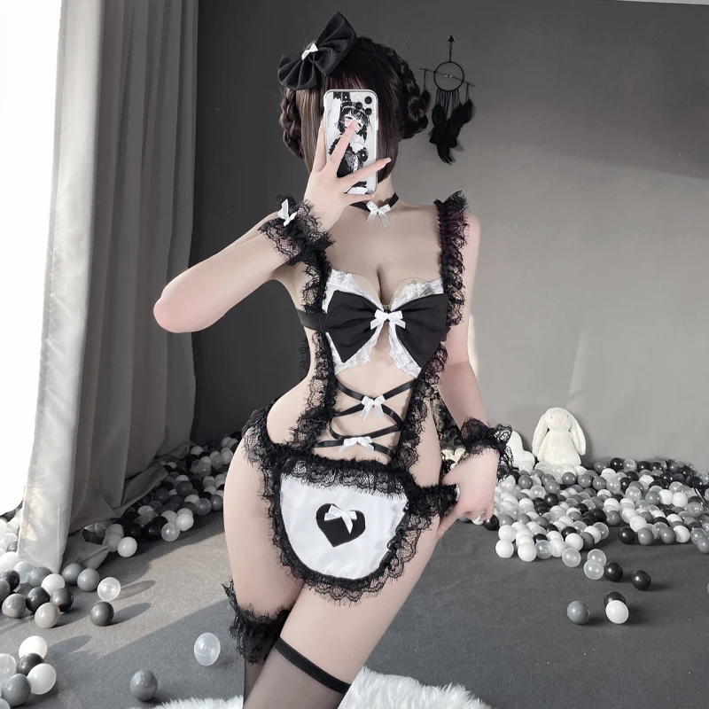 

Sexy Japanese Anime Maid Uniform Cosplay Women Erotic Lace Maid Outfit Perspective Lingerie Open Bust Costumes Porno Underwear