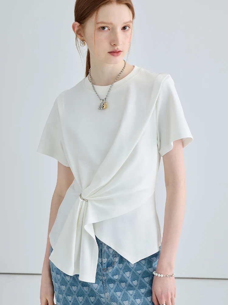 

MOLAN Pure White Women's T-Shirt Summer New Irregular Design Fashion Short Sleeve O-Neck Temperament Casual T-Shirt Clothing Top