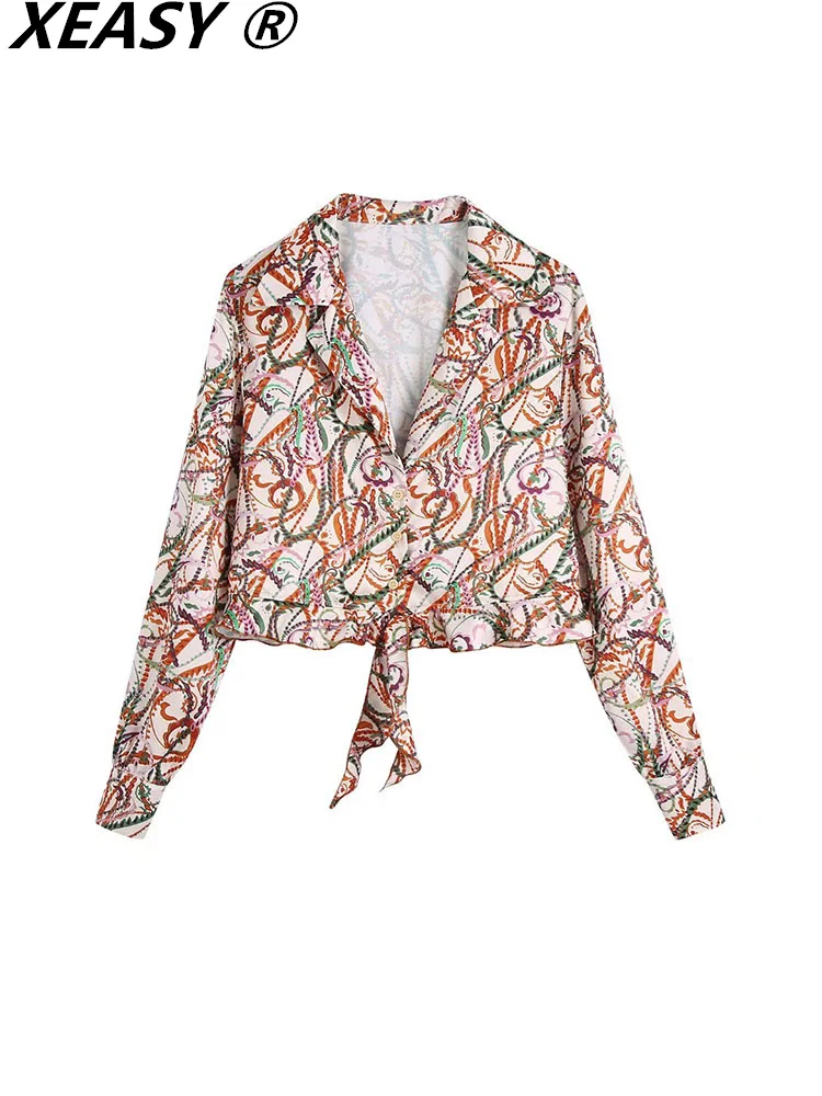 

Блузка XEASY Женская с длинным рукавом, модная рубашка в винтажном стиле, на пуговицах, с принтом с узелком, 2022