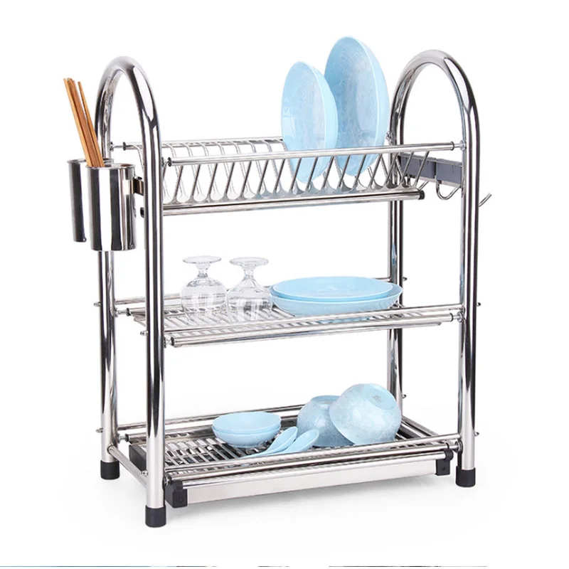 Stainless Steel 3 Layer Dish Rack with Drip Tray Dish Drying Rack with Utensil Holder Dish Storage Shelf Organizer for Kitchen