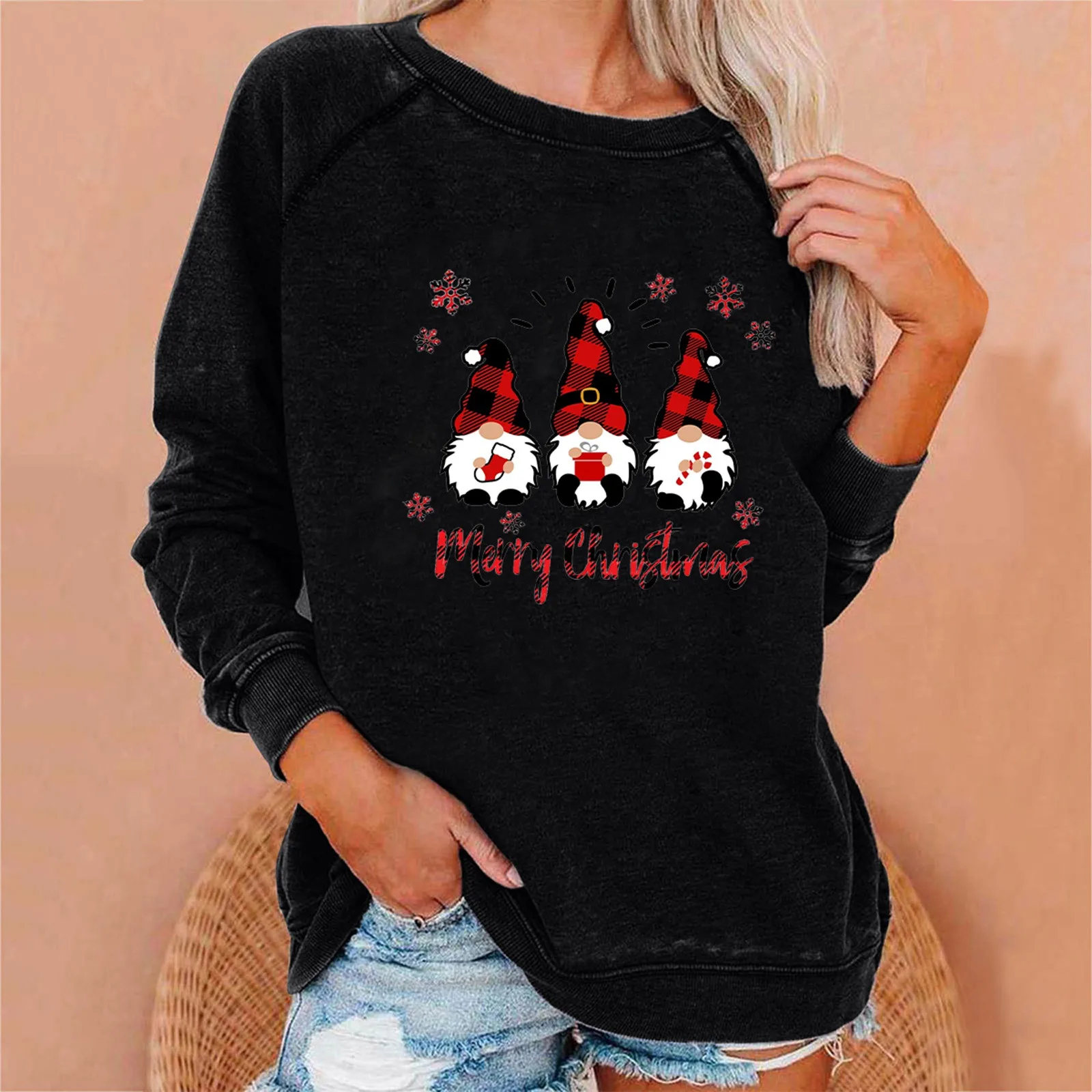 

Женские свитшоты на осень и зиму, однотонный пуловер с длинным рукавом и круглым вырезом, топы с рождественским принтом