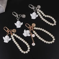 creative vintage white angel keychain women girl cute mini pearl heart key chain car key ring holder trinket bag charms jewelry
