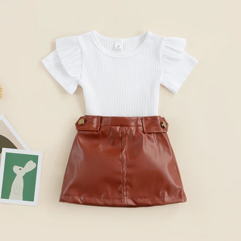 

Toddler Baby Girl Summer Fashion Clothes Set Kids Solid Color Ribbed Short Sleeve Round Neck T-shirt + PU Leather Mini Skirt