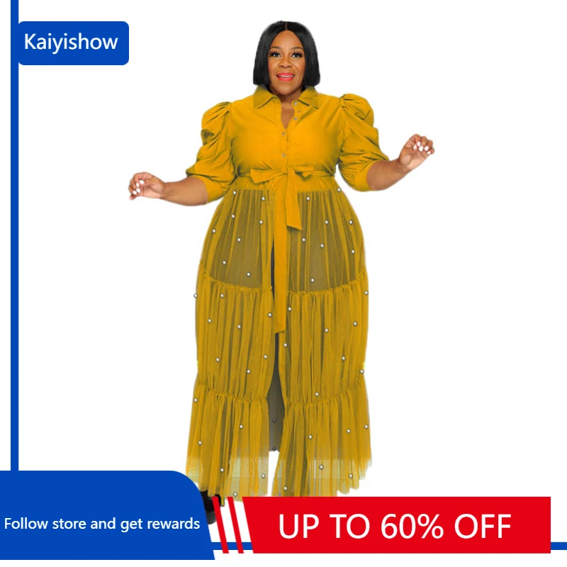 

African Plus Size Dresses for Women Autumn African Shirt Dress Pearl Mesh Patchwork V-neck Short Sleeve Casual Long Dress XL-5XL