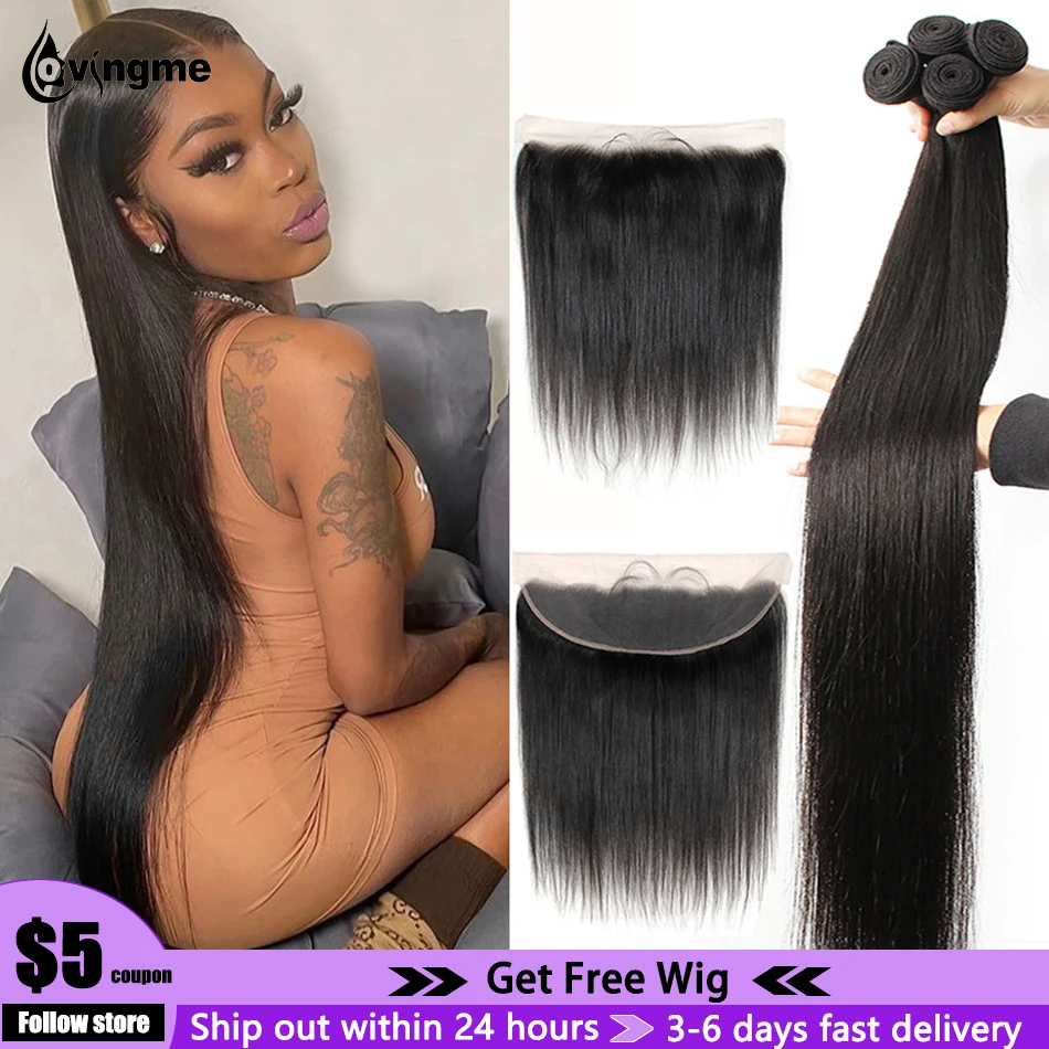 Brazilian Straight Human Hair 3 4 Bundles With 13x4 Frontal 4x4 Closure Transparent Lace Hair Bundle Extensions For Black Women