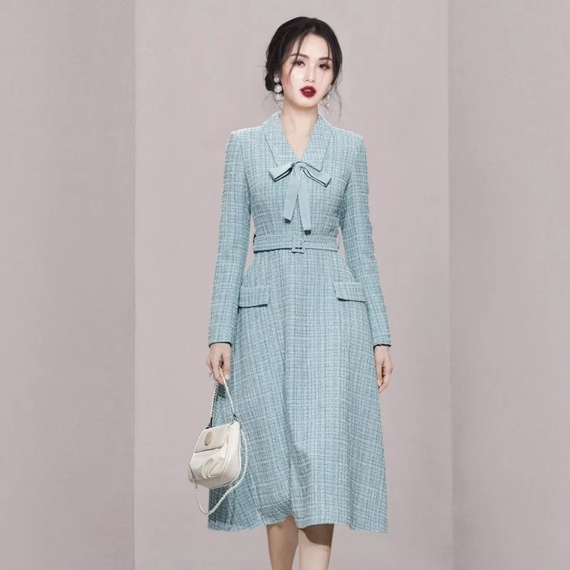 

Autumn Winter French New Fashion Small Fragrant Bow Tweed Dress For Women Elegance Woolen Long Party Dresses With Belt