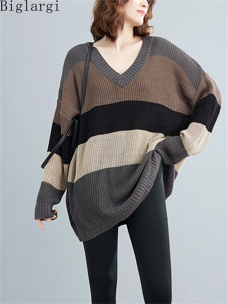 

2022 осенне-зимний женский ажурный вязаный свитер в полоску, корейский Женский Повседневный Свободный пуловер, топы