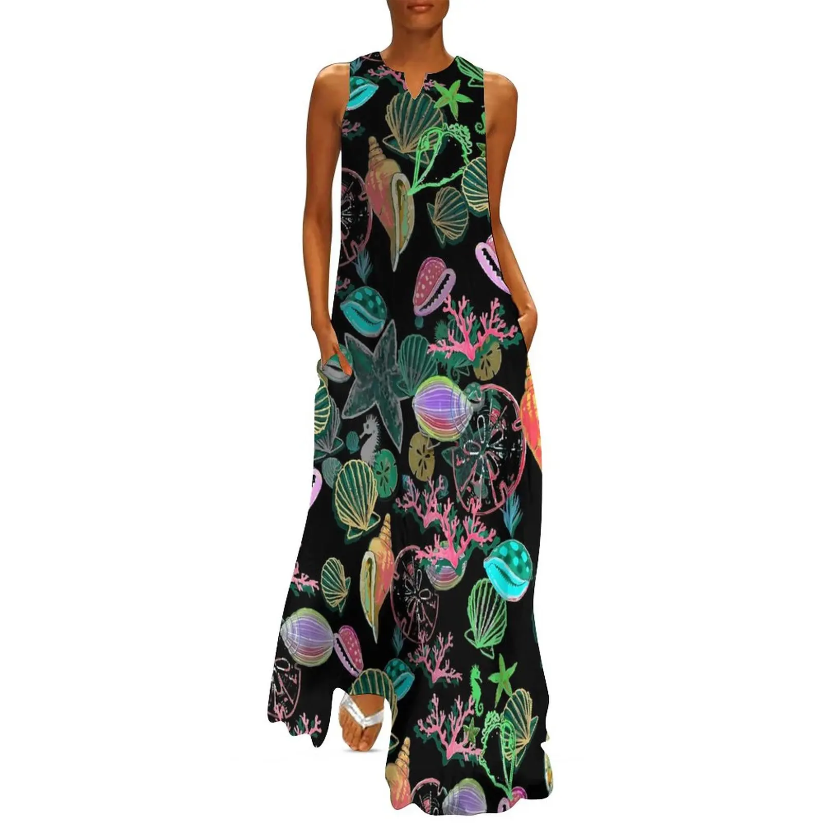 

Colorful Sea Shells Dress Reef Madness Night Club Maxi Dress Sleeveless Custom Casual Long Dresses Aesthetic Oversized Vestido