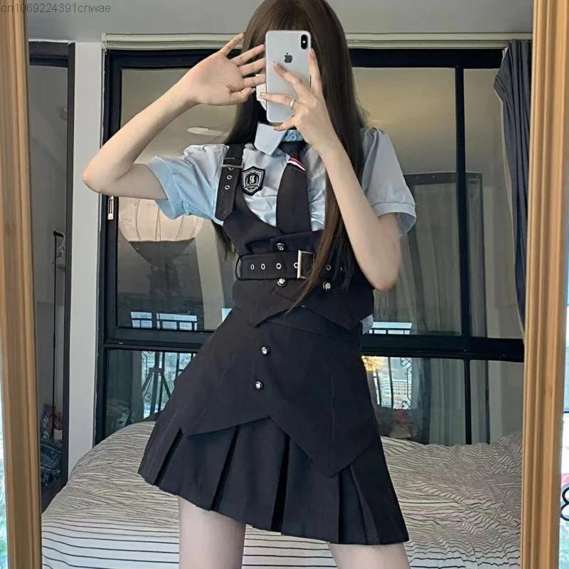 

Y2k Cute JK Uniform Campus Set Girl Pink Top Shirt Pleat Skirt black vest Suit Y 2k Japanese Kawaii Sexy Mini Skirt 3 Piece Set