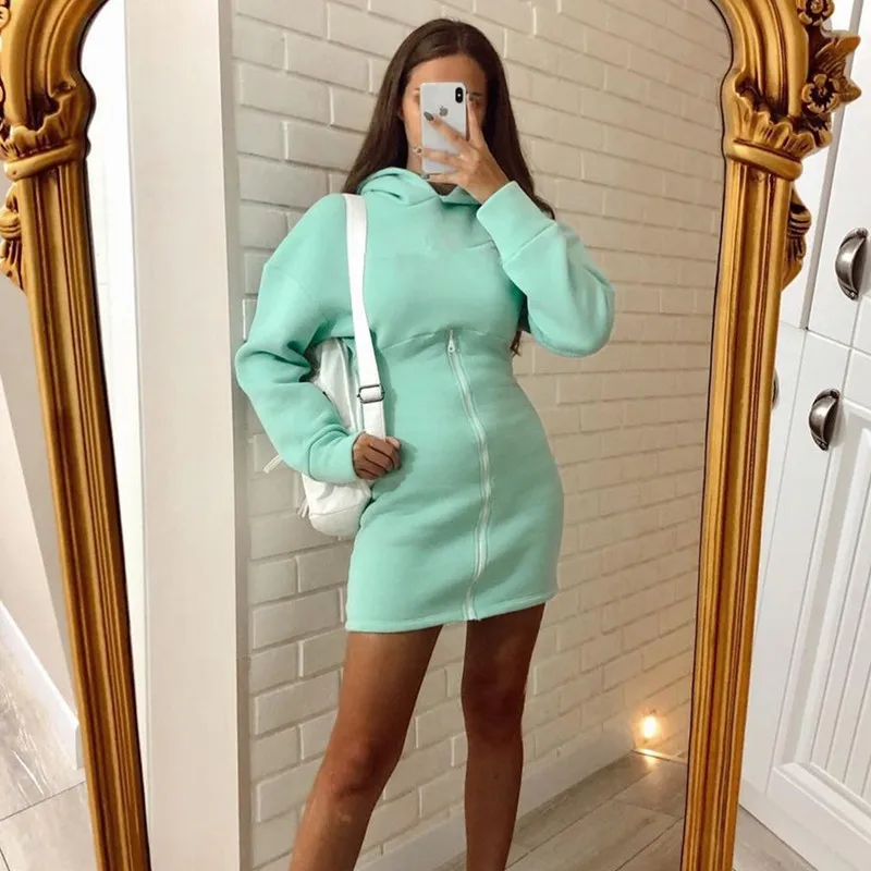 

2021 New Solid Color Hooded Slim Long-sleeved Front Zipper Sweater Dress Fashion Women's Vestidos Streetwear Casual Outfits