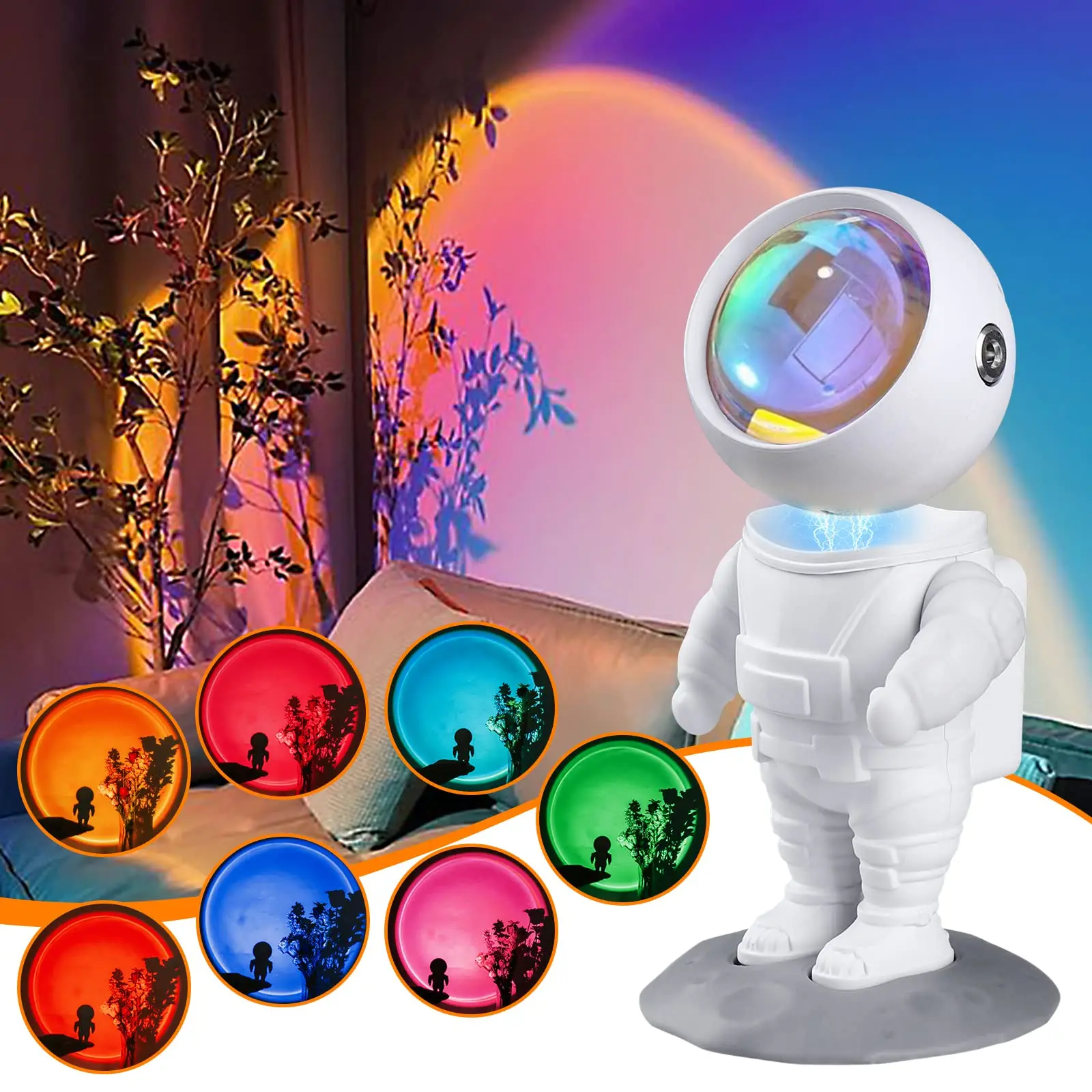 

Astronaut Sunset Lamp Projector Light 7 Colors Mode Battery Lights 360° Rotating Head Cosmonaut Lamp for Photography Bedroom Gif