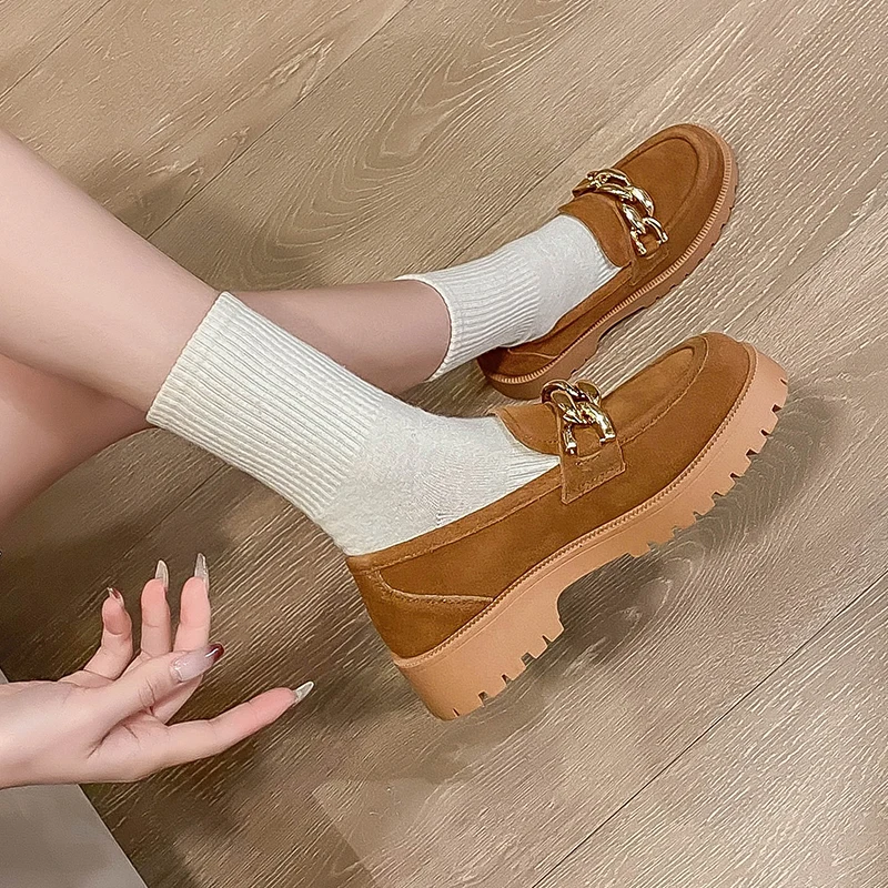 Spring And Autumn Loafers Women 2023 New Comfortable Casual Cowhide British Style Women's Shoes Thick Heel Thick Sole Retro