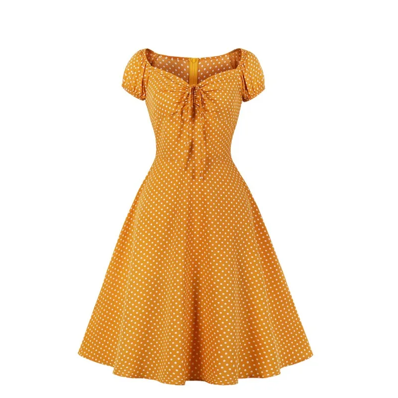 

Women's 50s Polka Dot Srawstring Vintage Evening Dress Vintage 1950s Retro Rockabilly A-line Swing Dress Midi Gown With Belt