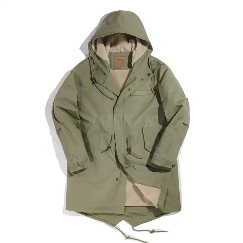 2023 Men's Thick Hooded Fishtail Cotton Coat Plus Velvet Parka Jacket Army Green Windbreaker Winter Autumn Men Trench Coat