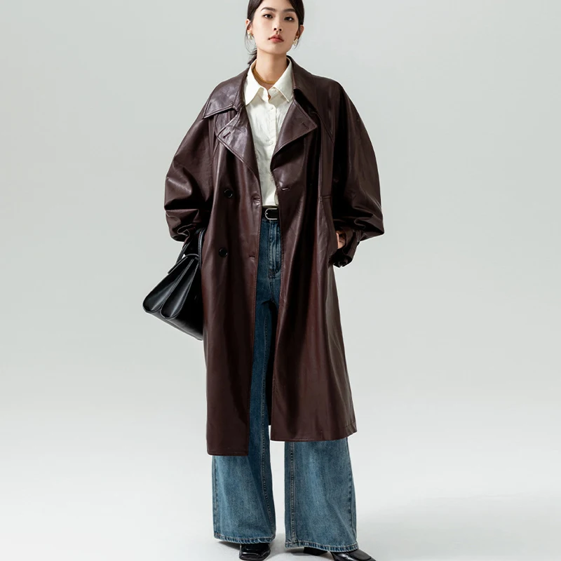 

Johnature Fashion PU Long 2023 Spring Winter New Double Breasted Women Temperament Coat All Match Loose Women Trench Coats