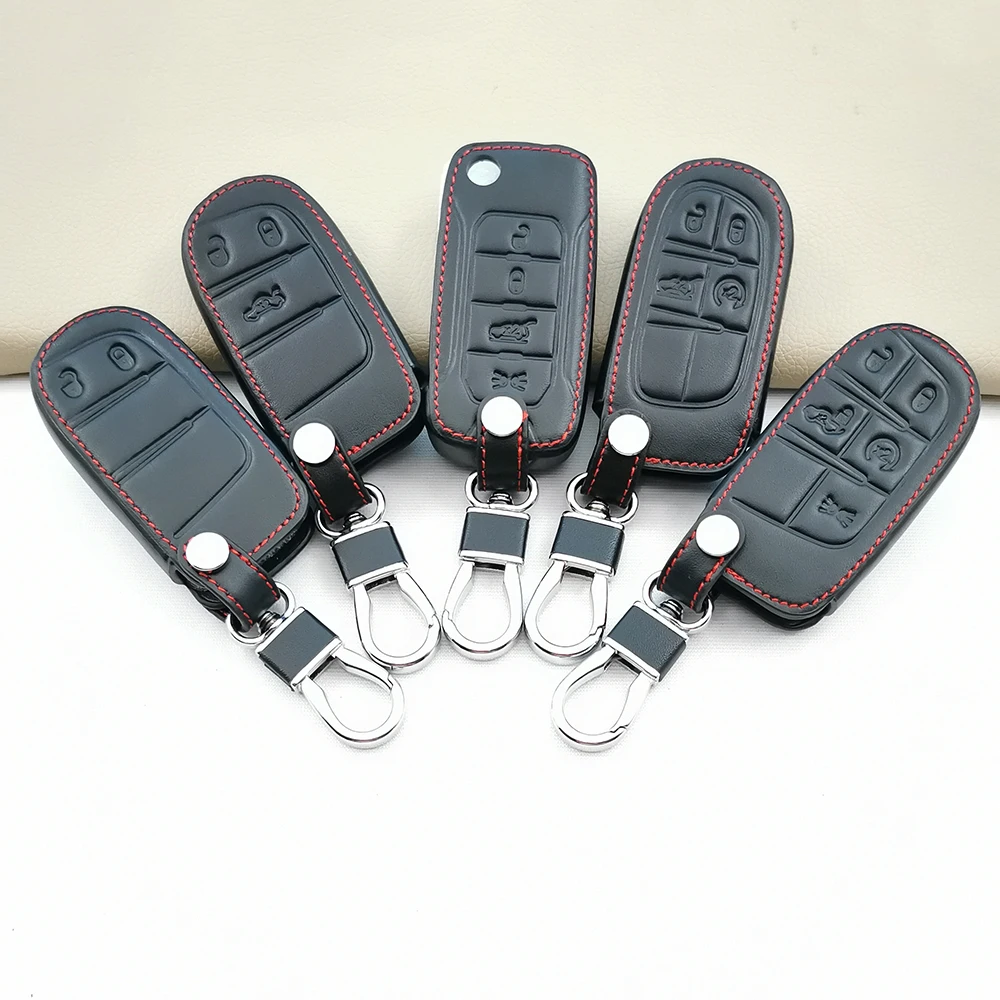 

Hot Sale Leather Car Remote Control Protector Key Case Cover For Jeep Dodge Chrysler 2 3 4 5 Button Accessories Protect Shell