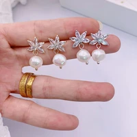 minar elegant bling shiny cz zircon flower earrings for women lady natural freshwater pearl long dangle earrings wedding jewelry