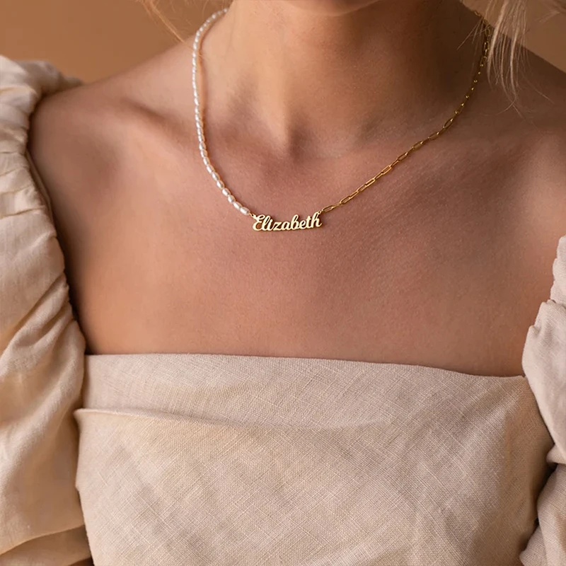 Custom Name Necklace for Women Personalized Letter Pendant Collar Oval Pearl Chain Choker Stainless Steel  Jewelry Gifts for Mom