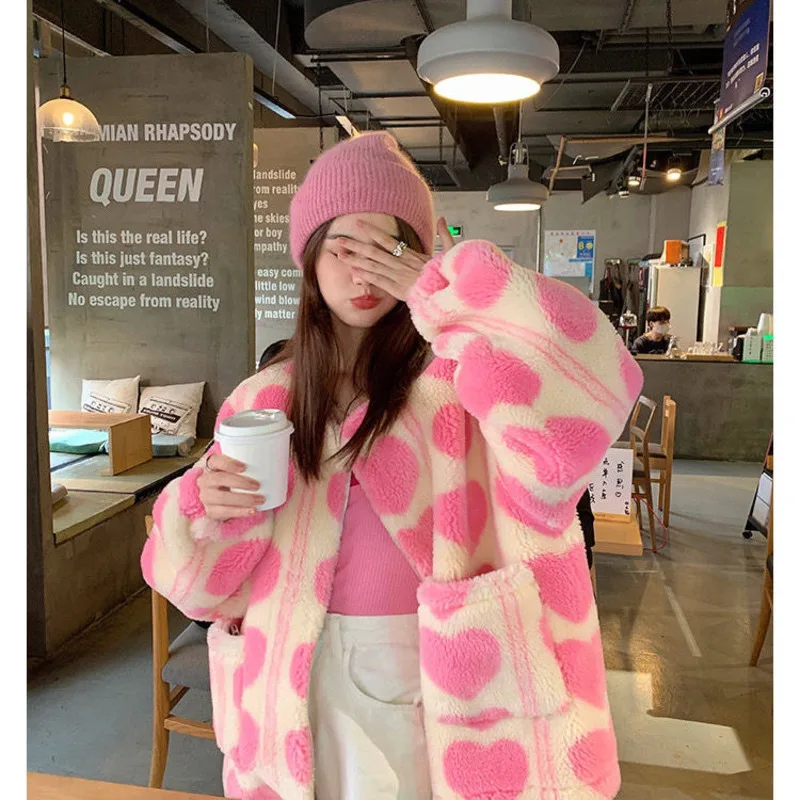 

Pink Heart Women Faux Teddy Fur Basic Jackets Outerwear & Coats Female Overcoat Winter Coat Womens Fashion Vintage Wool Blend