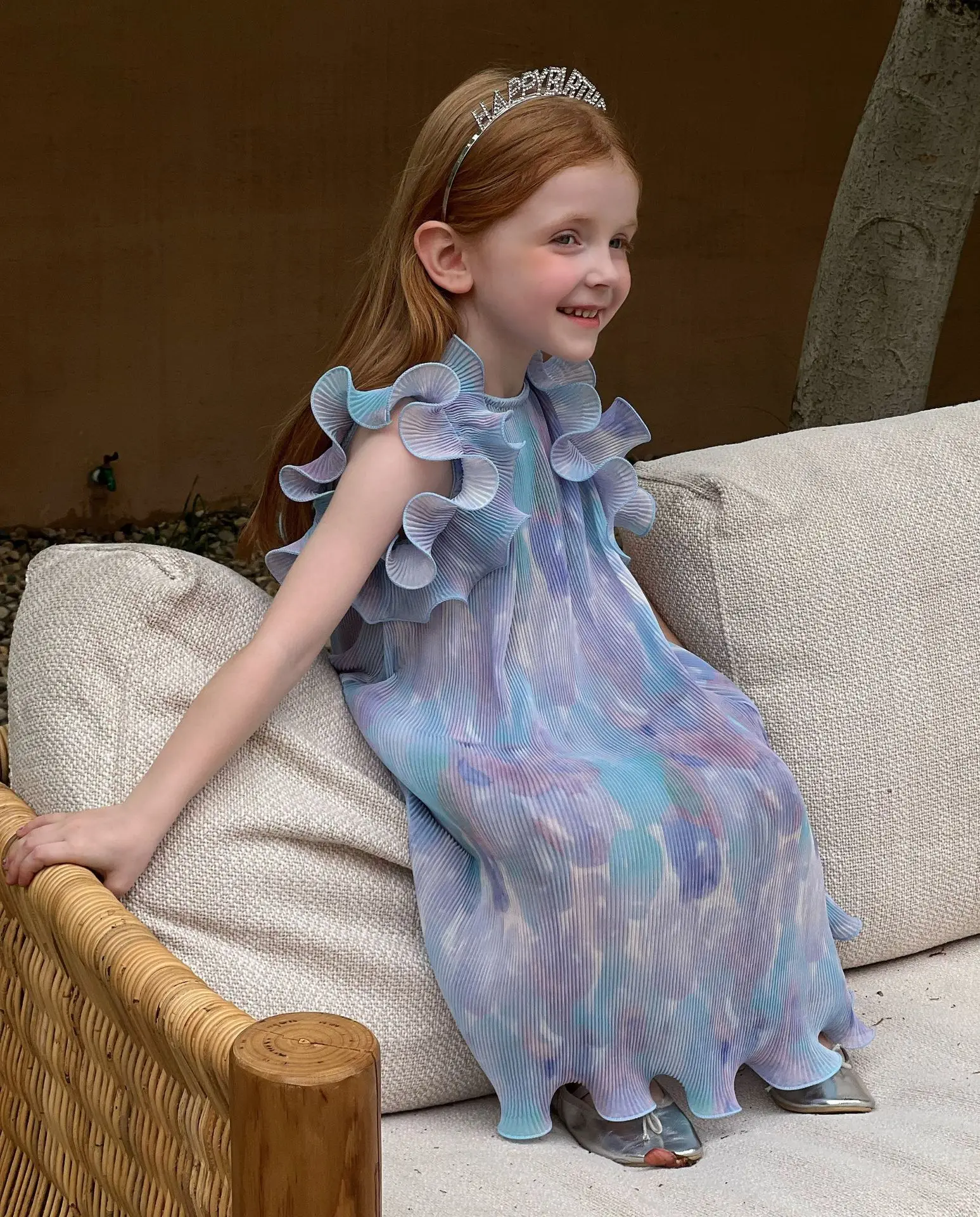 

Girls Casual Dresses Lively Loose Sweet New Summer Style Princess Style Pleated Round Collar Gradient Starry Sky