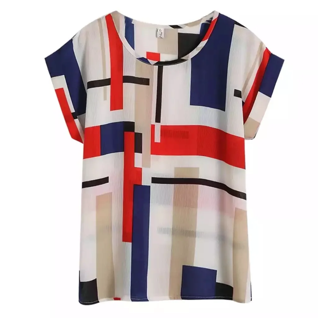 

Summer Womens Tops and Blouses Red Printed Bat Short Sleeve Chiffon Shirt Loose Blusas O Neck Pullover Tops