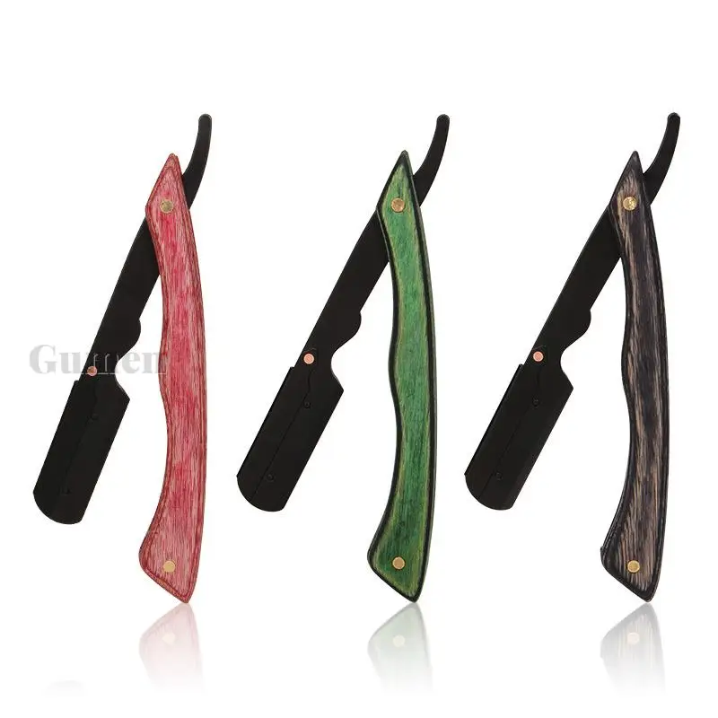 

Профессиональная складная бритва из нержавеющей стали с прямыми краями, Сменное лезвие 74, красная, зеленая технология, искусственное дерево, инструменты для парикмахера