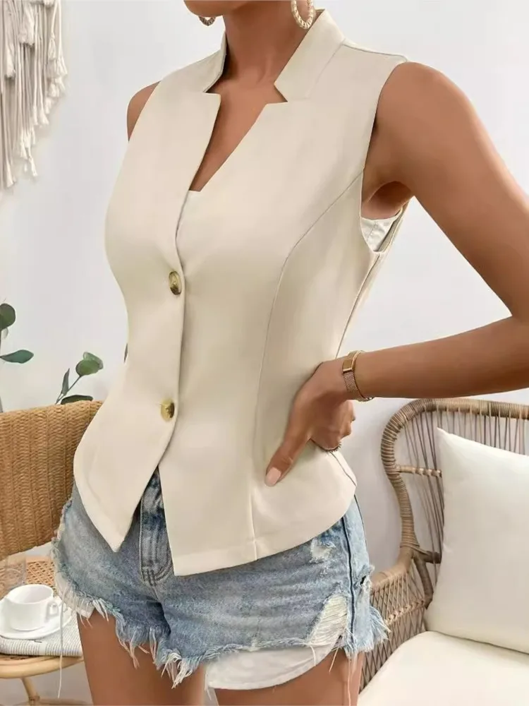 Женский однотонный жилет без рукавов Приталенный на пуговицах с V-образным