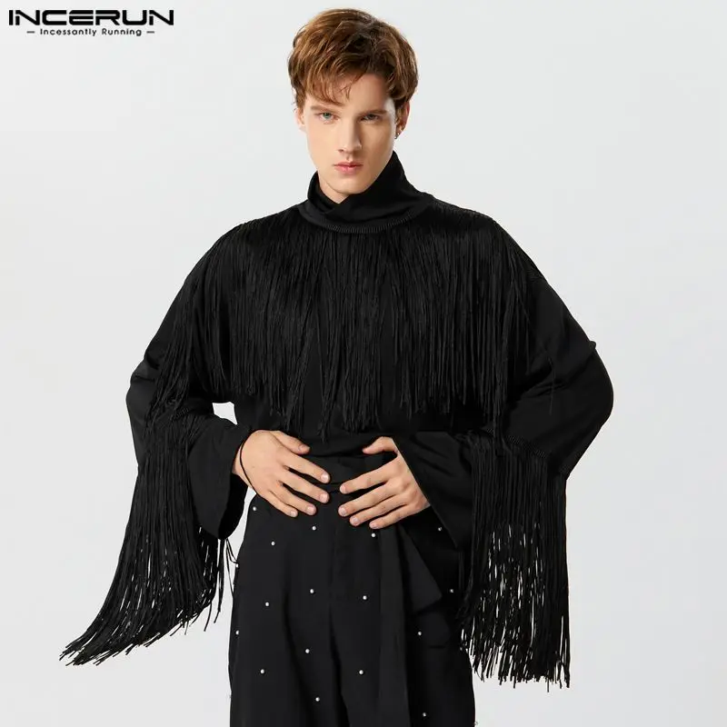 

Fashion New Mens Personality High Neck Patchwork T-shirts Party Shows Solid Tassel Long Sleeved Camiseta S-5XL INCERUN Tops 2023