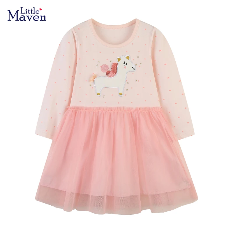 

Little maven Baby Girls Autumn Clothes Pink Lovely Unicorn Casual Clothes Cotton Mesh Princess Dress Pretty for Kids 2-7 year