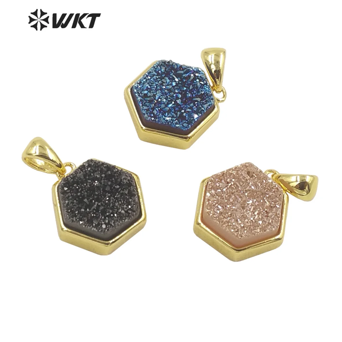 

WT-P1841 WKT wholesale fashion Natural druzy Agate stone with Titanium electroplated pendants Lady rainbow hexagon stone pendant