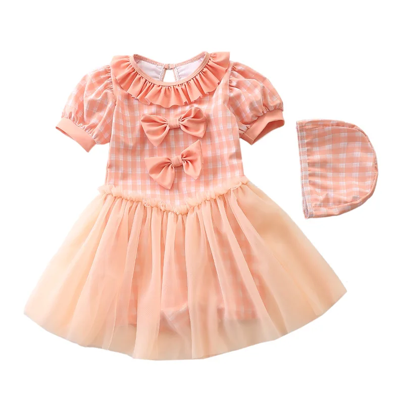 

2022 Children's Swimsuit Girls One Piece Puff Sleeve Lantern Sleeve Gauze Skirt Boxer Conservative Anti-squat Girls Swimwear