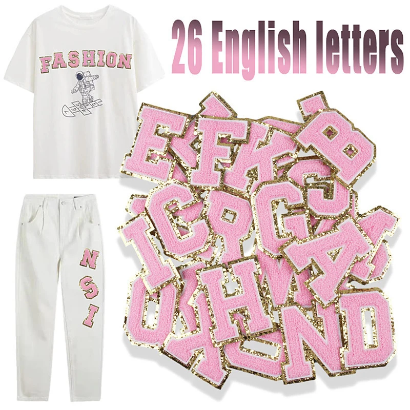 

Embroidered Cloth Stickers Pink Letters Alphabet Sequins Towel Patches For DIY Clothing Bags Jacket Iron On Accessories Applique