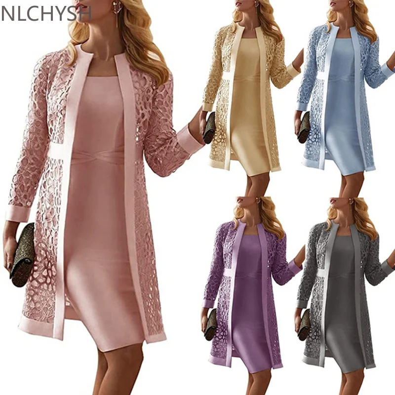

Two Piece Dress Women Long Sleeve Knee Length Jacket Mother of The Bride Dresses Formal Party Evening Gown Dress Fashion