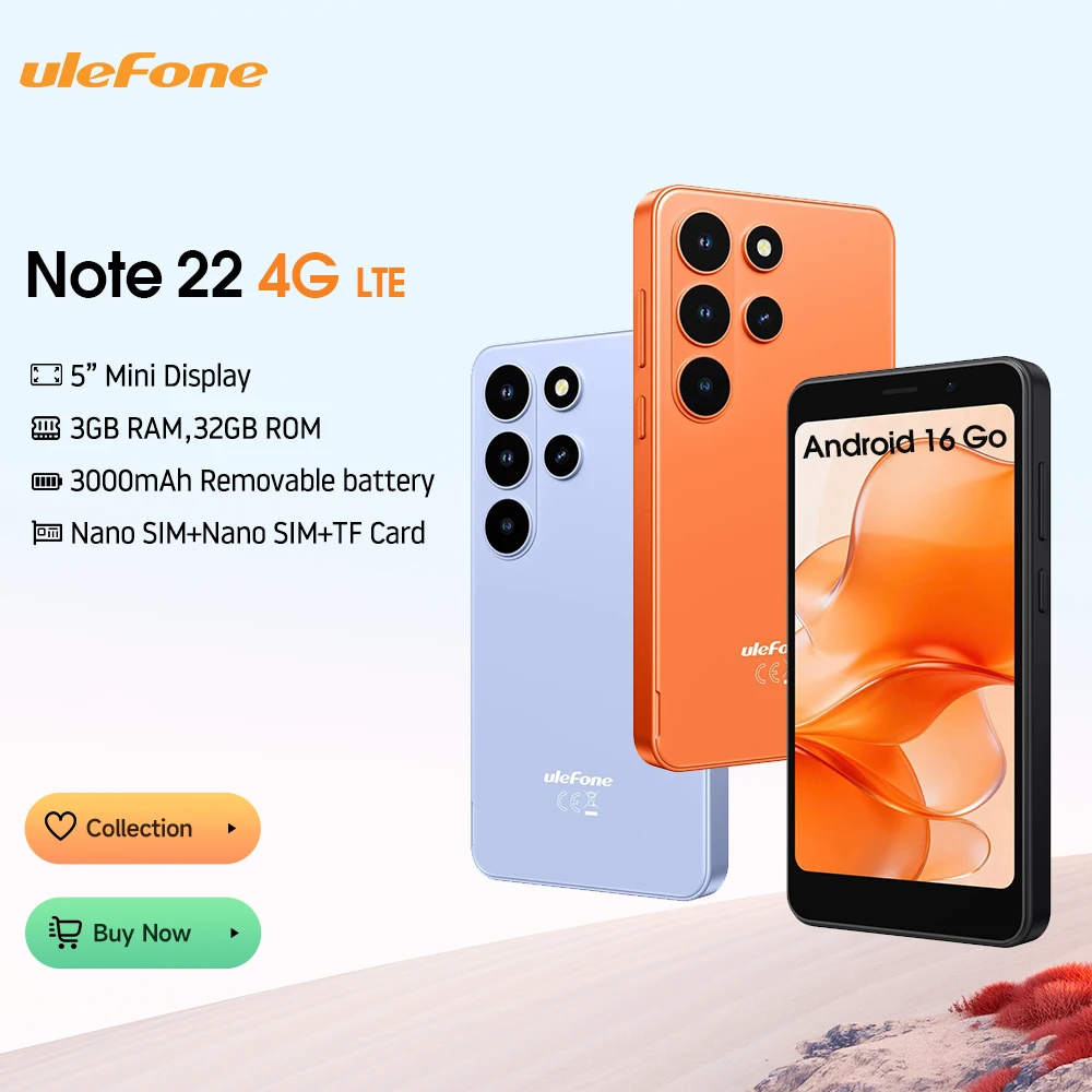 Фото 【Новинка 2026 года】 Ulefone Note 22 4G — мини-смартфон на Android 16 Go (3 ГБ ОЗУ + 32 ГБ ПЗУ), мобильный телефон со съемным аккумулятором 3000 мА·ч и 5.0-дюймовым дисплеем №1
