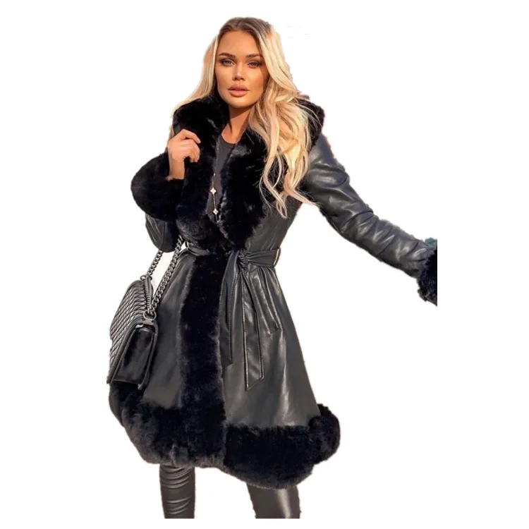 Long sleeve patchwork temperament commuter long coat belt lapel coat jacket women