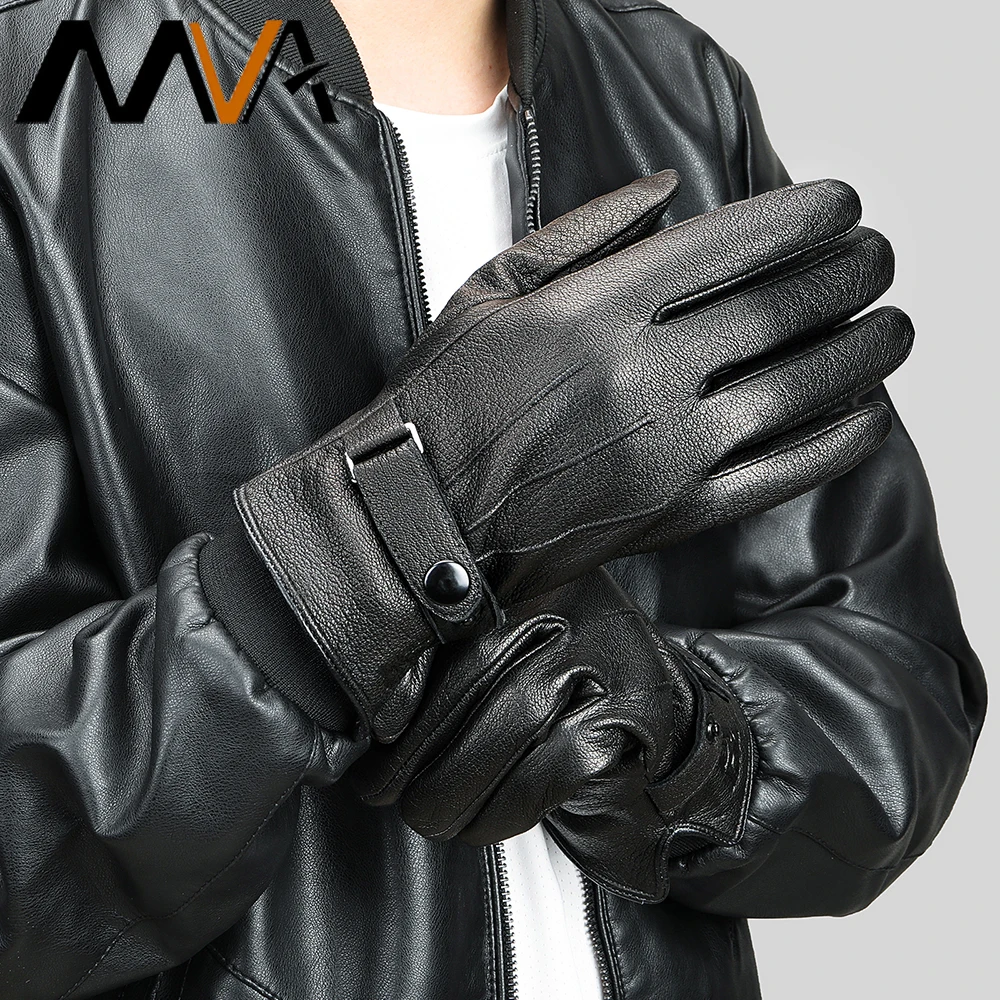 

Перчатки MVA мужские зимние, теплые ветрозащитные кожаные варежки для вождения, с сенсорным экраном, черные, Осень-зима