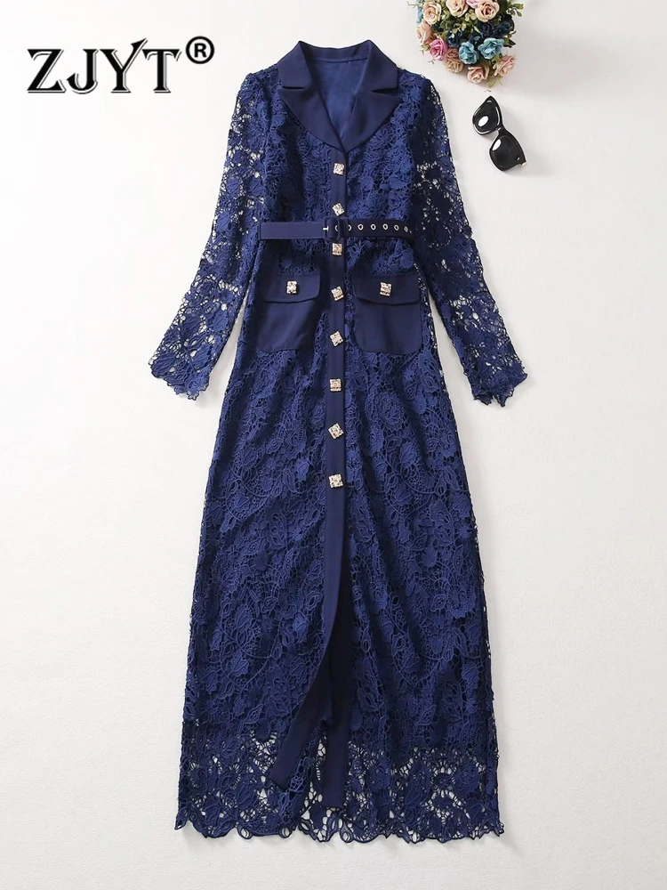 

ZJYT Autumn Long Sleeve Midi Blue Lace Dresses for Women 2023 Hollow Embroidery Single Breasted Party Vestidos Para Mujer Robe