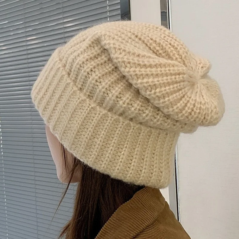

Korean Windproof Hat Winter Solid Color Thick Woolen Hats For Women Ski Slouchy Cap Skull Winter Wool Warm Caps Warm Beanies