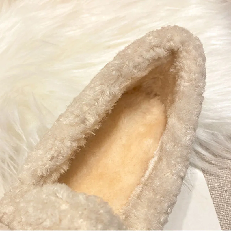 Winter Pearls Lambswool Cotton Shoes Women Home Loafers Warm Curly Sheep Fur Flats Office Lady Mocasines Mujer