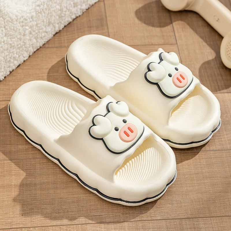 Women Cartoon Dairy Cow Decor Slippers Casual Non-Slip Ladies Sandals Indoor Bathroom Light EVA Soft Slides Platform Bread Shoes