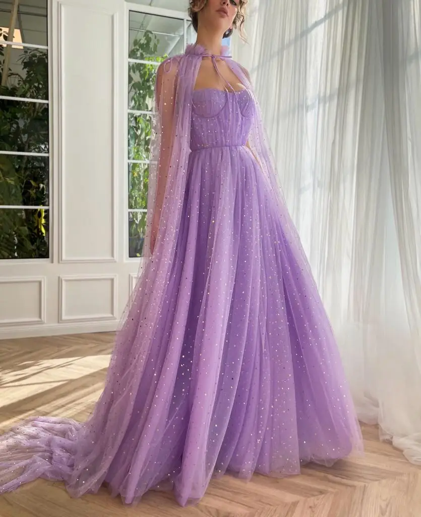 

Lilac Prom Dresses 2023 Sequined Beaded Pleats Spaghetti Straps with Cloak Bling Long Women Evening Gowns Elegant
