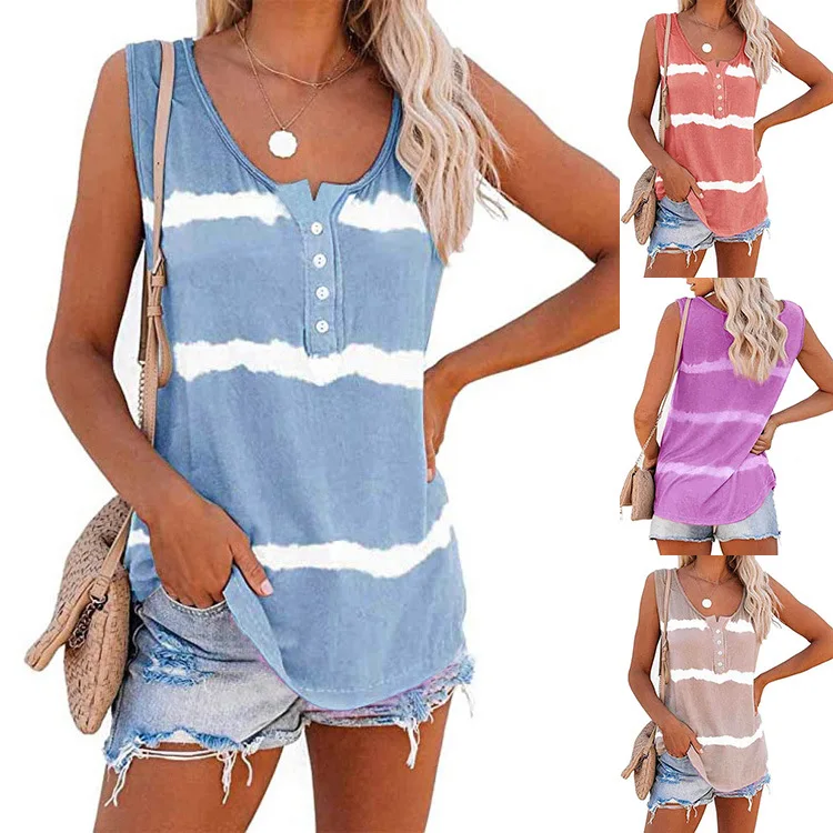 

Women's 2023 Summer New Top Stripe Printing Button Women's Vest