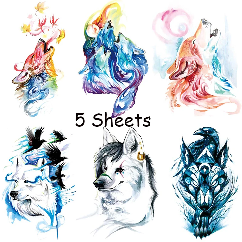 

5 Sheets Watercolor Sad Wolf Tattoos Women Men Fake Body Art Waterproof Weeping Wolf Painting Animal Temporary Tattoo Sticker