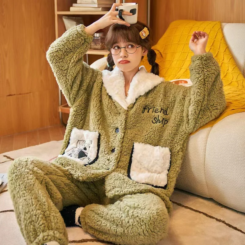 Winter Women Coral Fleece Pajamas Sets 2022 New Thick Warm Flannel 2 Piece/Set Sweet Cute Loungewear Home Clothes Female