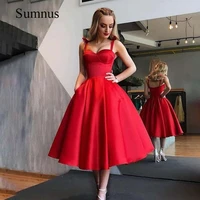 red short prom ball gown mono satin with pocket a line littler black dress bow straps tea length prom graduation gown sleeveless