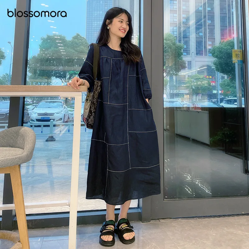 

Blossomora Linen French Loose Elegant Long Dress Vintage O-neck Lantern Sleeve Patchwork Embroidery Summer Vestidos Women 2022