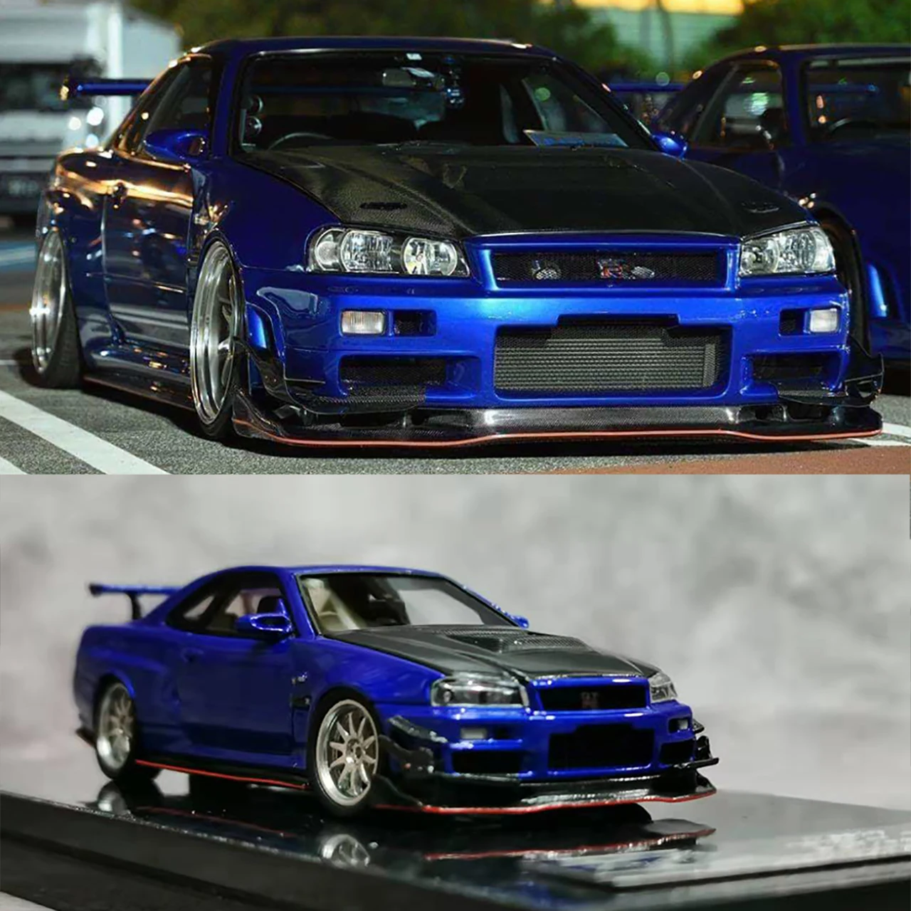 

Модель автомобиля Nissan GTR R34 Mars 404 с погрешностью 1:64, смоляный Автомобильный дисплей, коллекционные подарки-синий Карбон