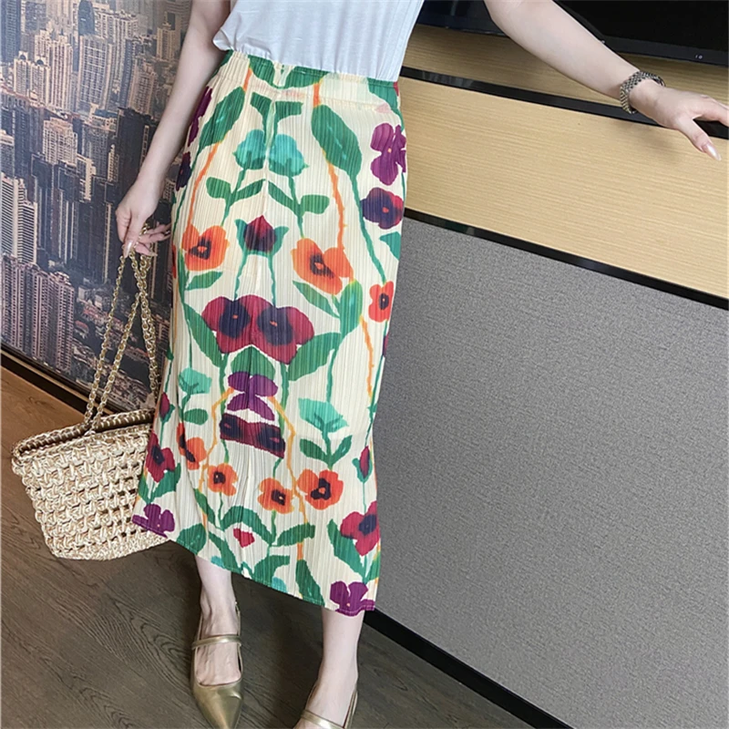 

Contrast Printed Straight Split Women's Pleated Half Skirt, New Summer Chic Fashion Female Elastic Waist A-line Mid-calf Skirt